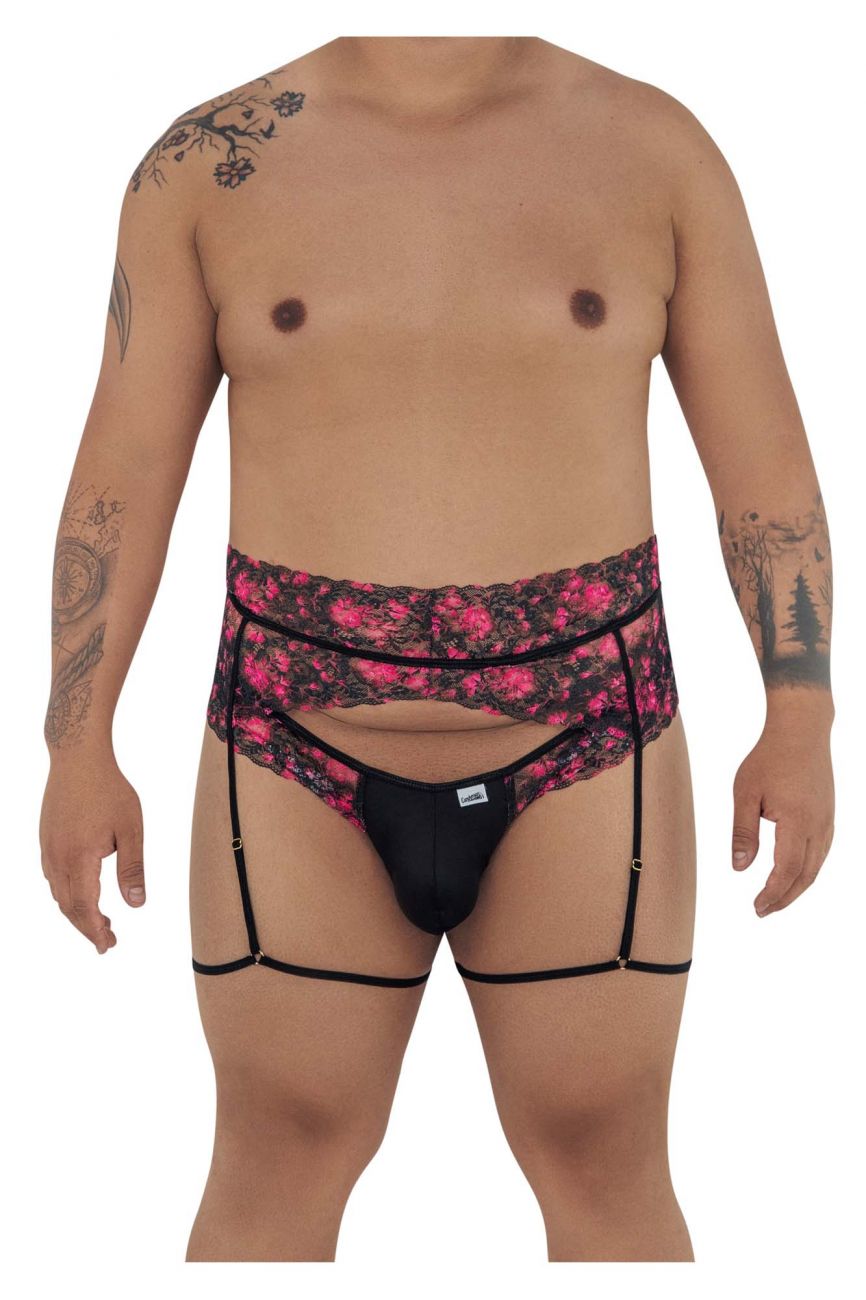 CandyMan Men's Underwear 99576X Lace Garter Thongs Color Black Print