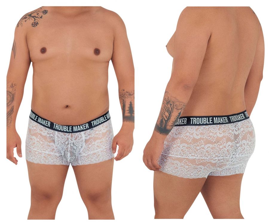 CandyMan Men's Underwear 99616X Trouble Maker Lace Trunks Color White