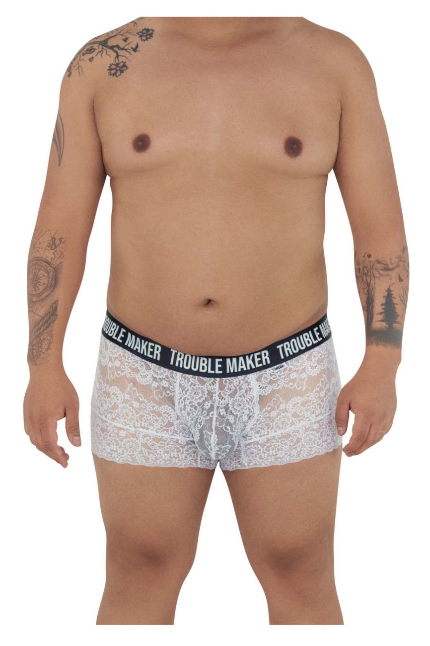 CandyMan Men's Underwear 99616X Trouble Maker Lace Trunks Color White