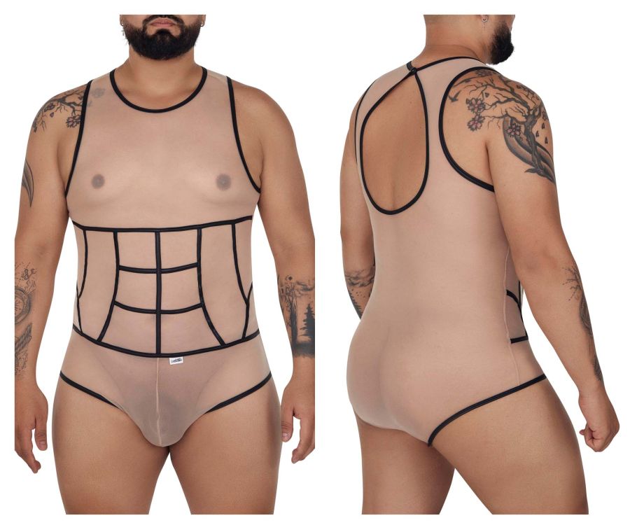 CandyMan Men's Underwear 99683X Tulle Bodysuit Color Beige