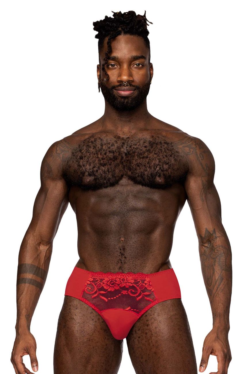 Male Power Men's Underwear 492-280 Sassy Lace High-Waisted Bikini with Sheer Mesh Pouch – Red