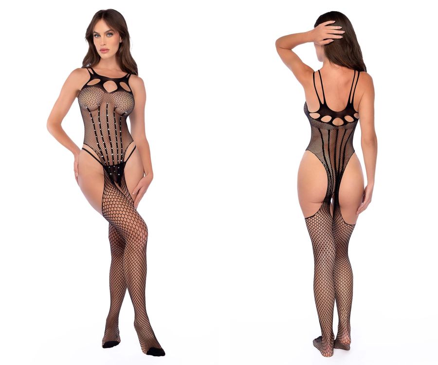 Mapale 1136 Fishnet Bodystocking with Rhinestone Detail Color Black-Rhinestone