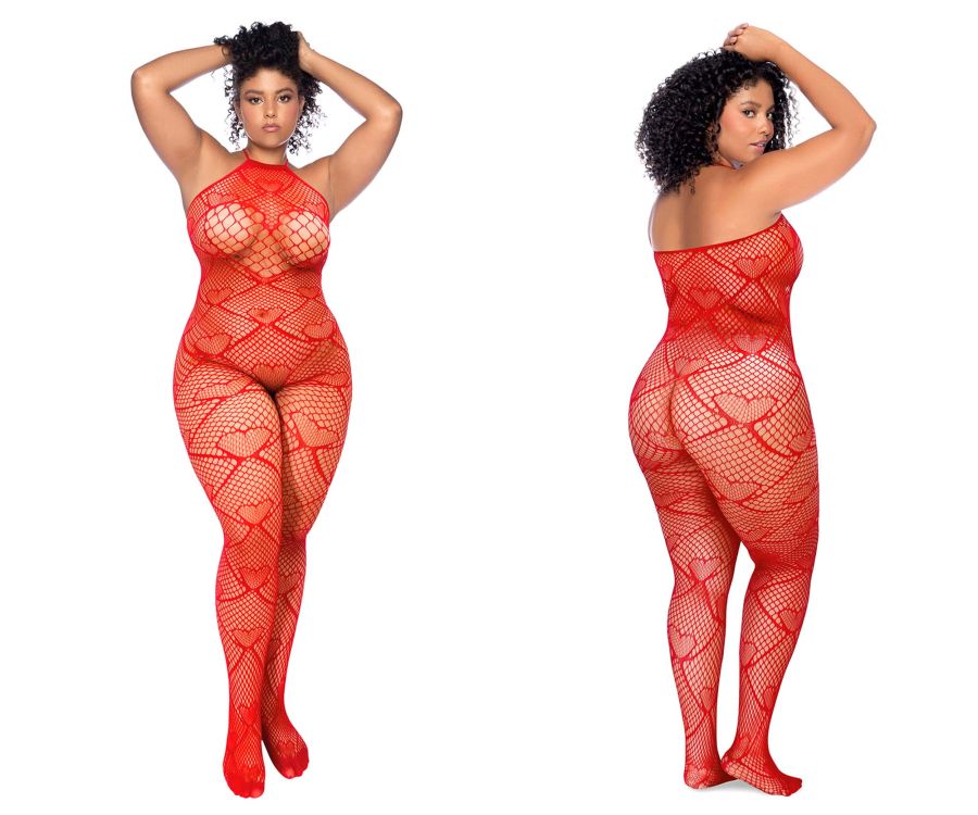 Mapale 1164X Heart Fishnet Bodystocking with Rhinestone Detail Color Red
