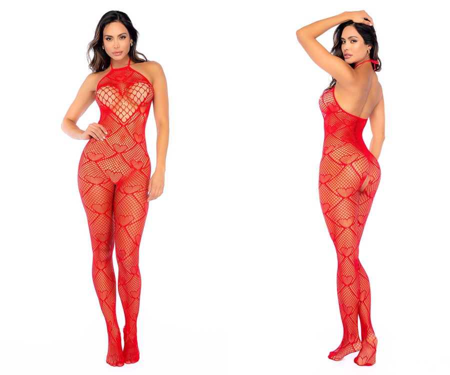 Mapale 1164 Heart Fishnet Bodystocking with Rhinestone Detail Color Red