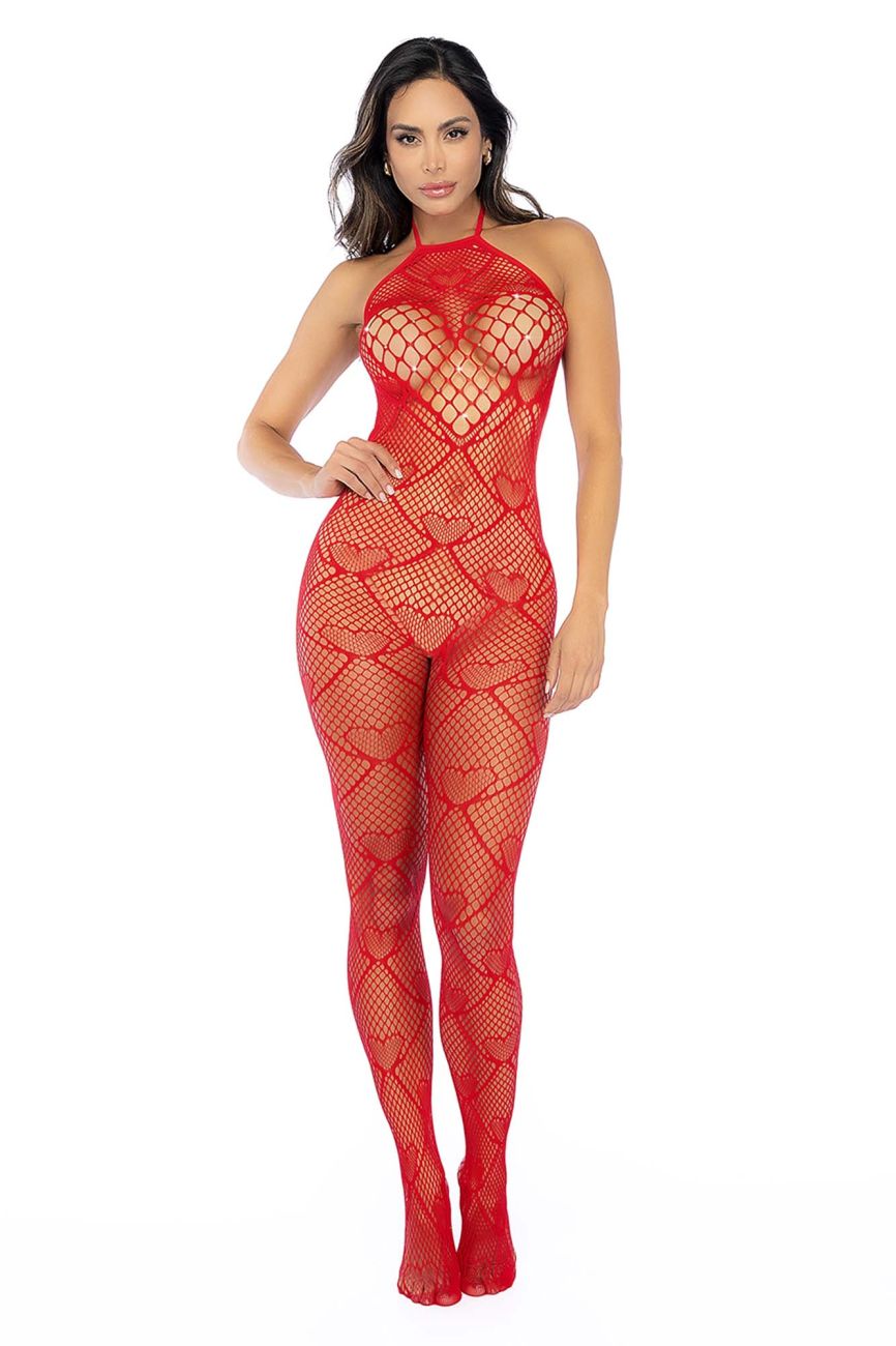 Mapale 1164 Heart Fishnet Bodystocking with Rhinestone Detail Color Red