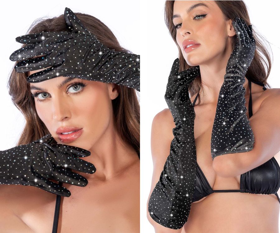 Mapale 135 Satin Rhinestone Opera Gloves Color Black-Rhinestone