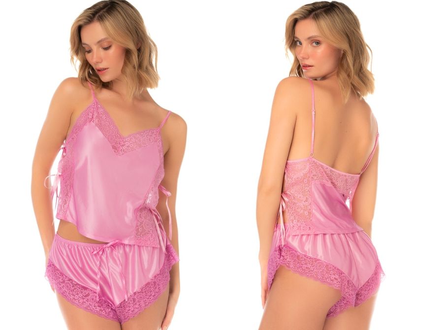 Mapale 75000 Lingerie Alluring Satin and Lace Two-Piece Pajama Set Color Blush Pink