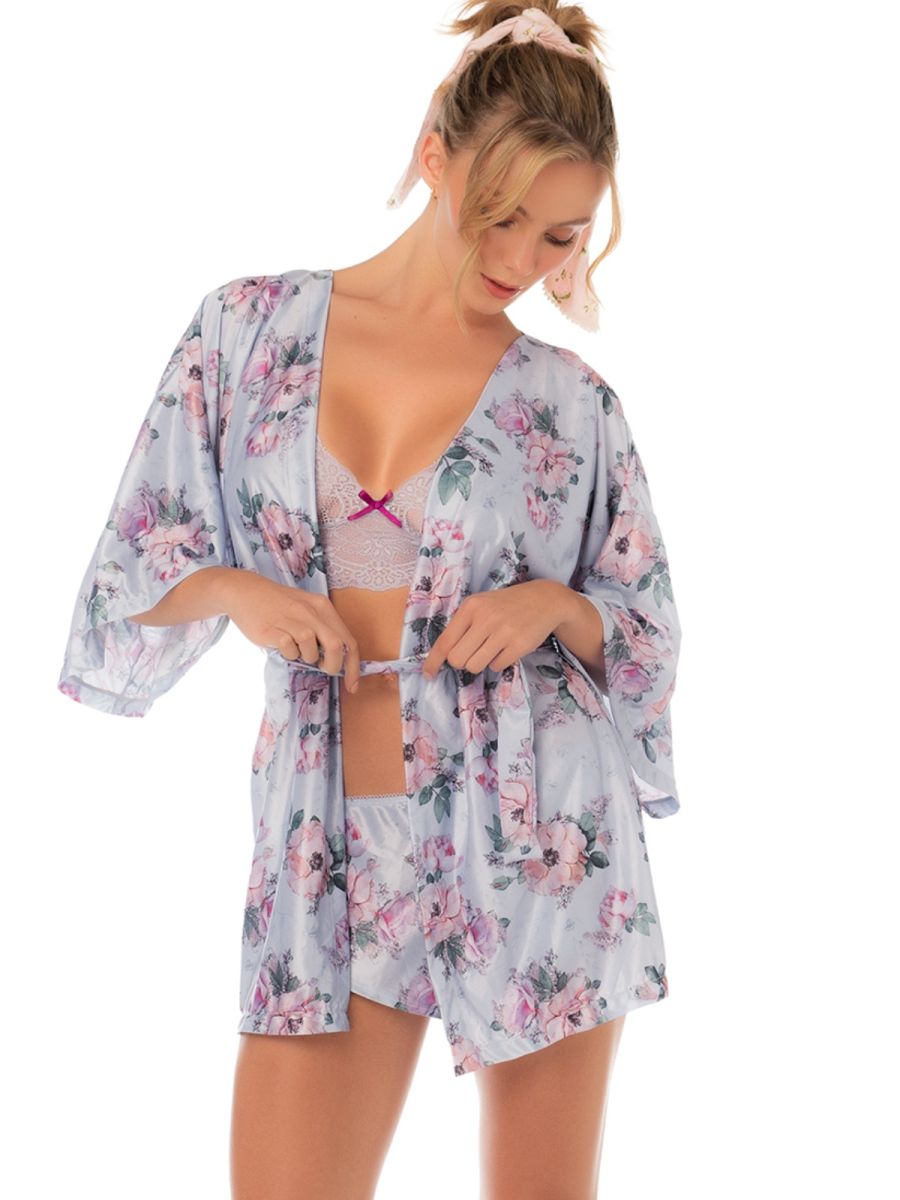 Mapale 75010 Lingerie Silky Floral Short Robe Color Silver Bloom