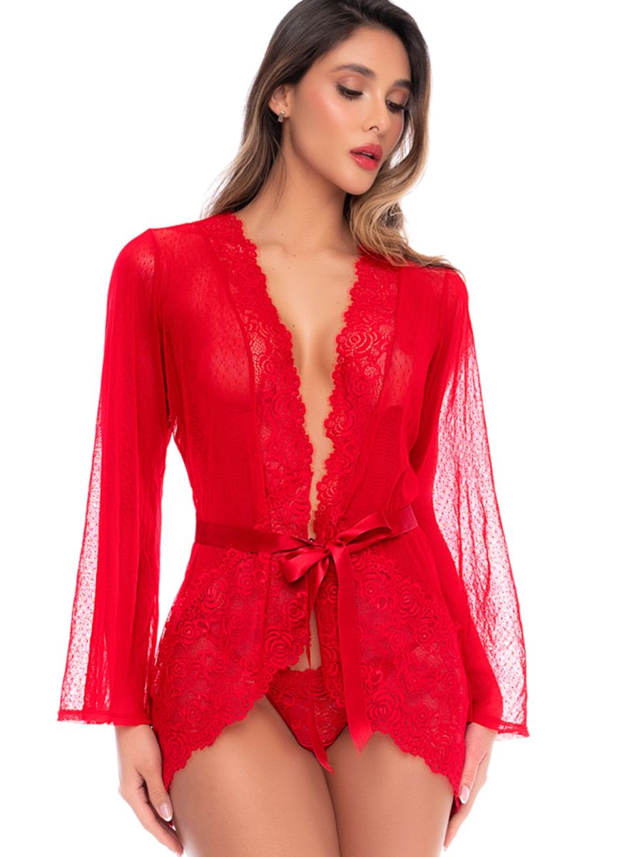 Mapale 7639 Elegant Sheer Robe with Matching Thong Color Red