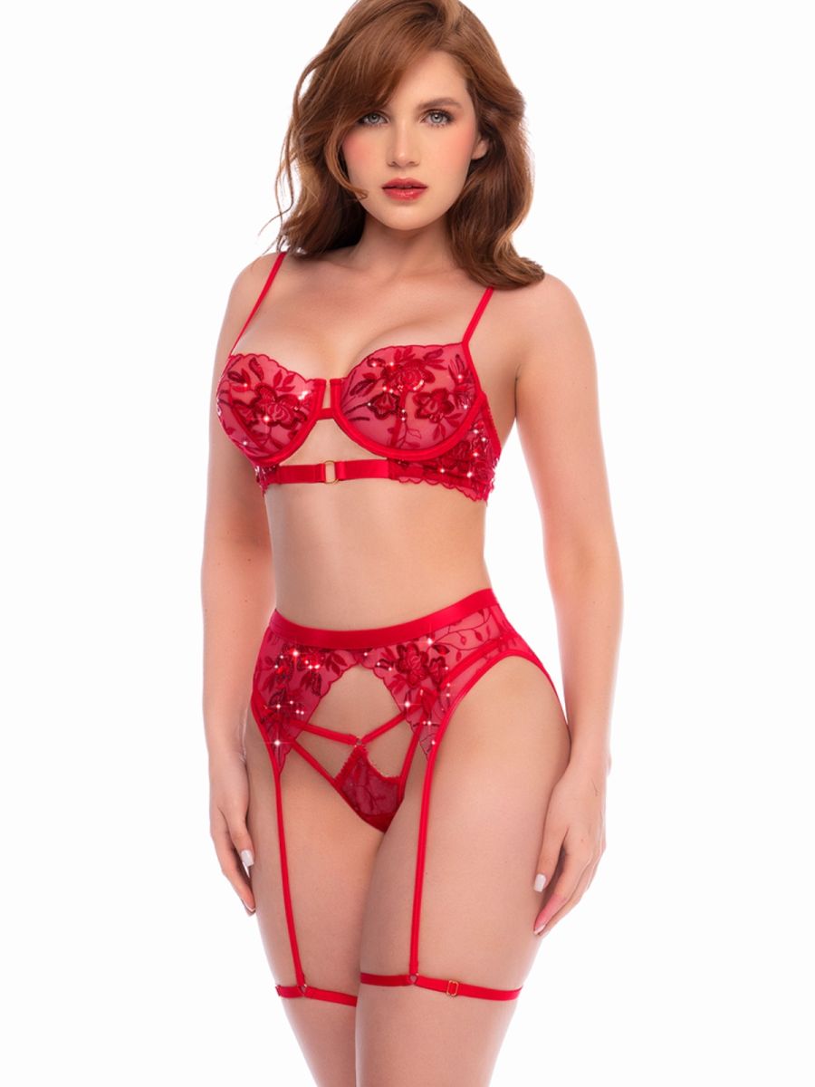 Mapale 80053 Three Piece Exotic Lingerie Set in Scarlet Red Color Scarlet Red